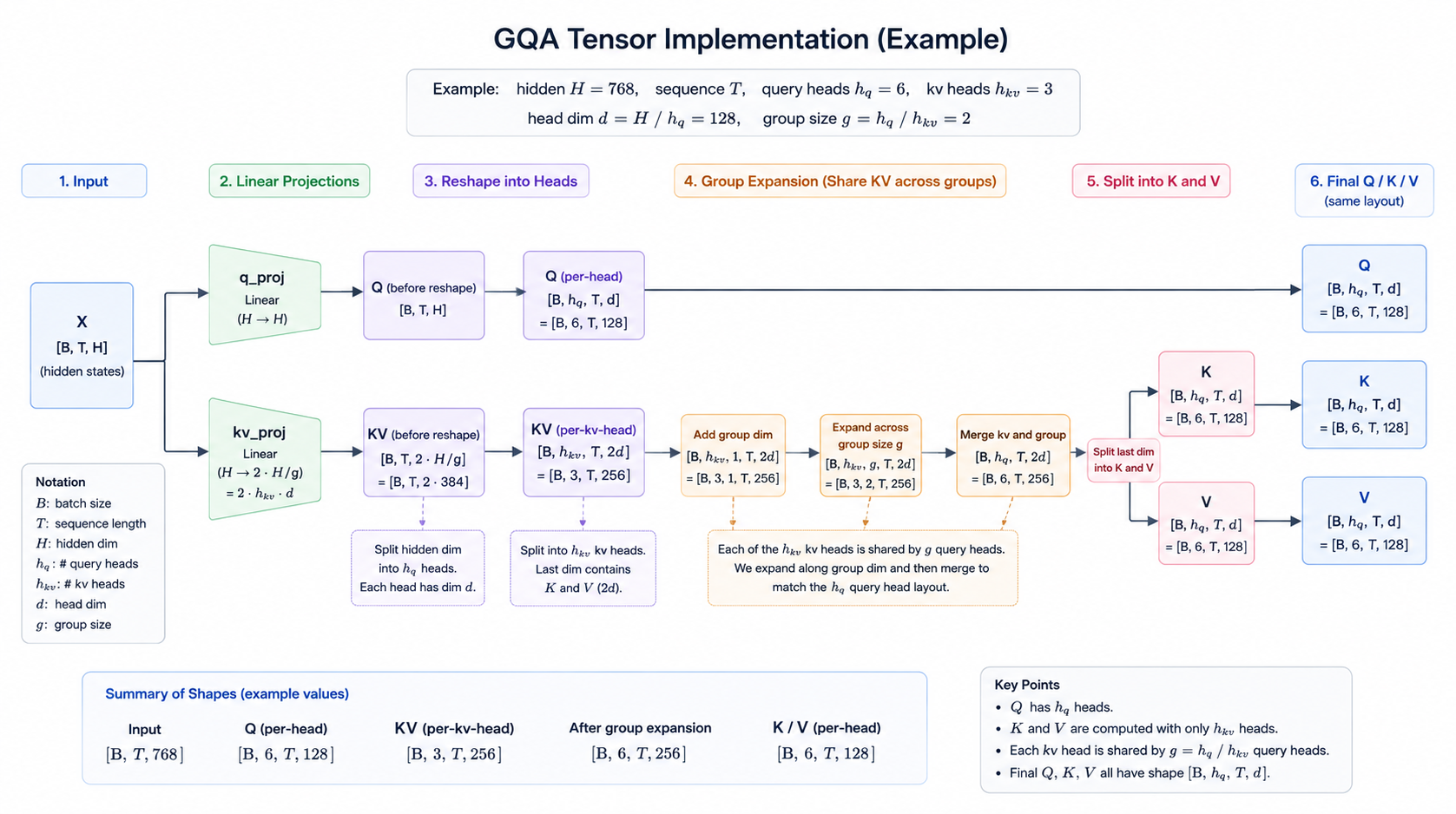 GQA tensor flow: X branches into query heads and shared KV heads, then expands into K and V.